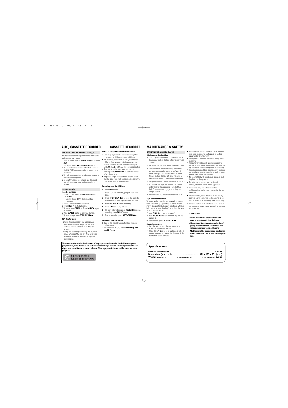 Aux / cassette recorder cassette recorder, Maintenance & safety | Philips AZ3068 User Manual | Page 7 / 9