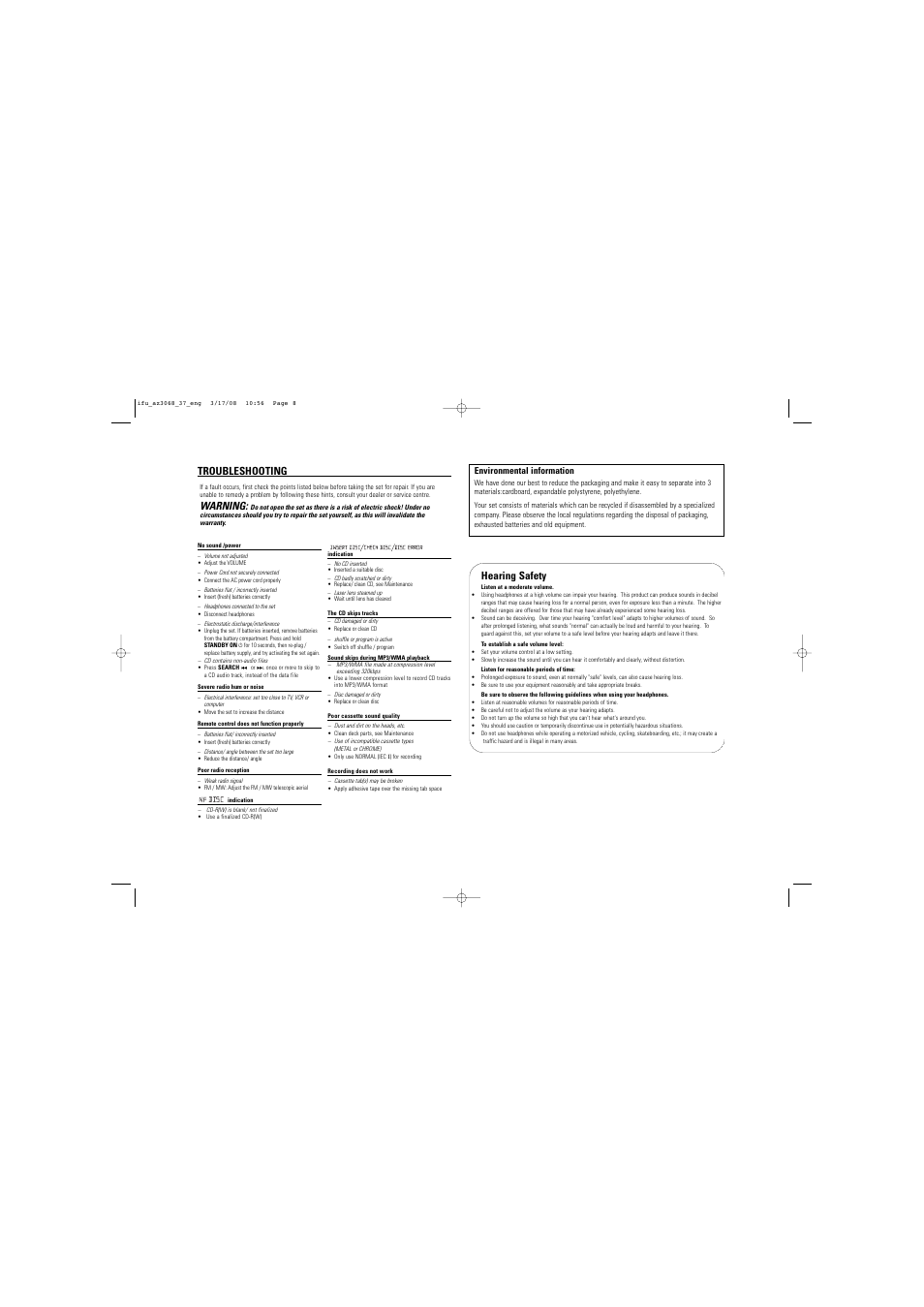Warning, Troubleshooting, Hearing safety | Philips AZ3068 User Manual | Page 8 / 9