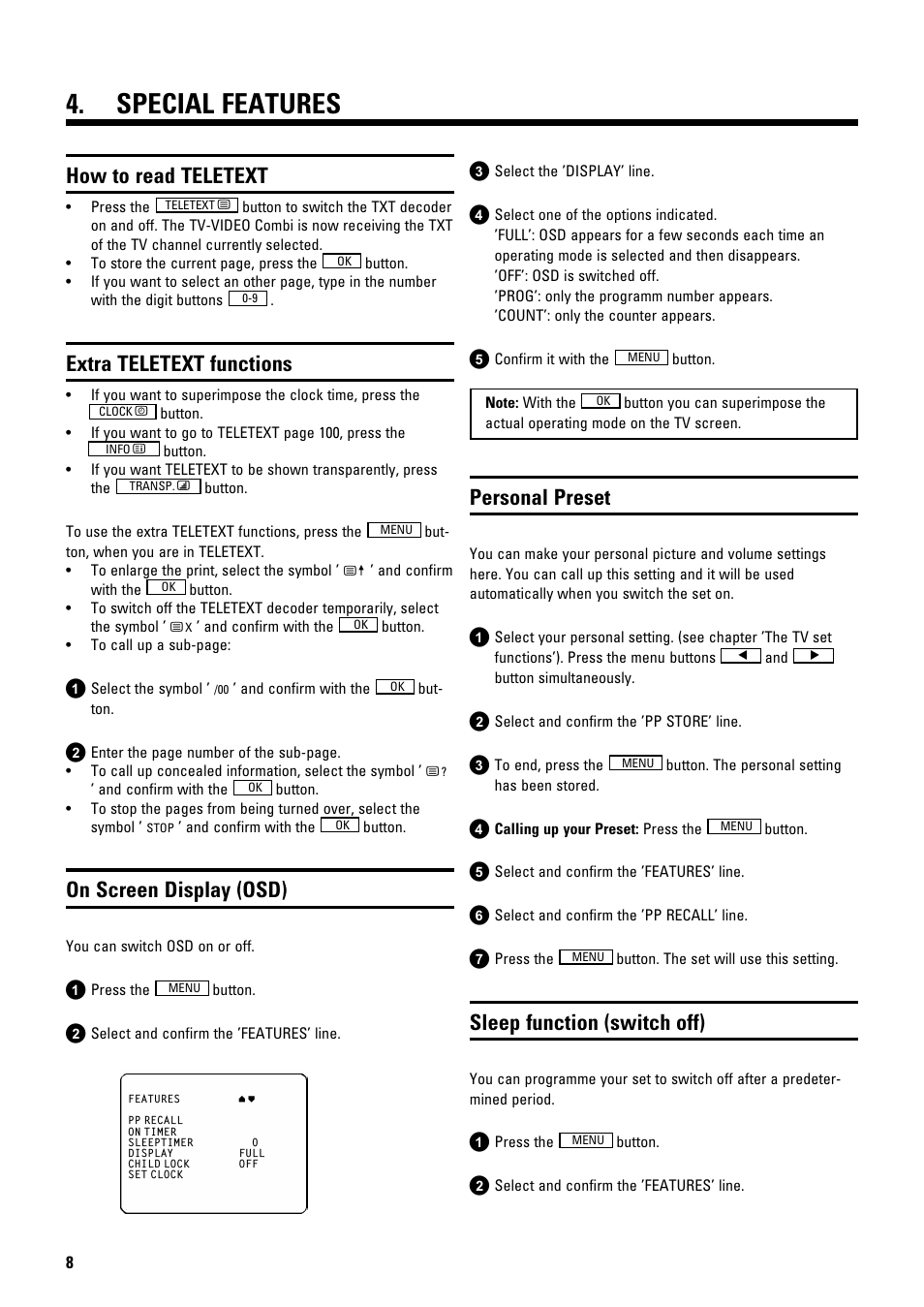 Special features, How to read teletext, Extra teletext functions | On screen display (osd), Personal preset, Sleep function (switch off) | Philips 14PV184/05 User Manual | Page 10 / 12