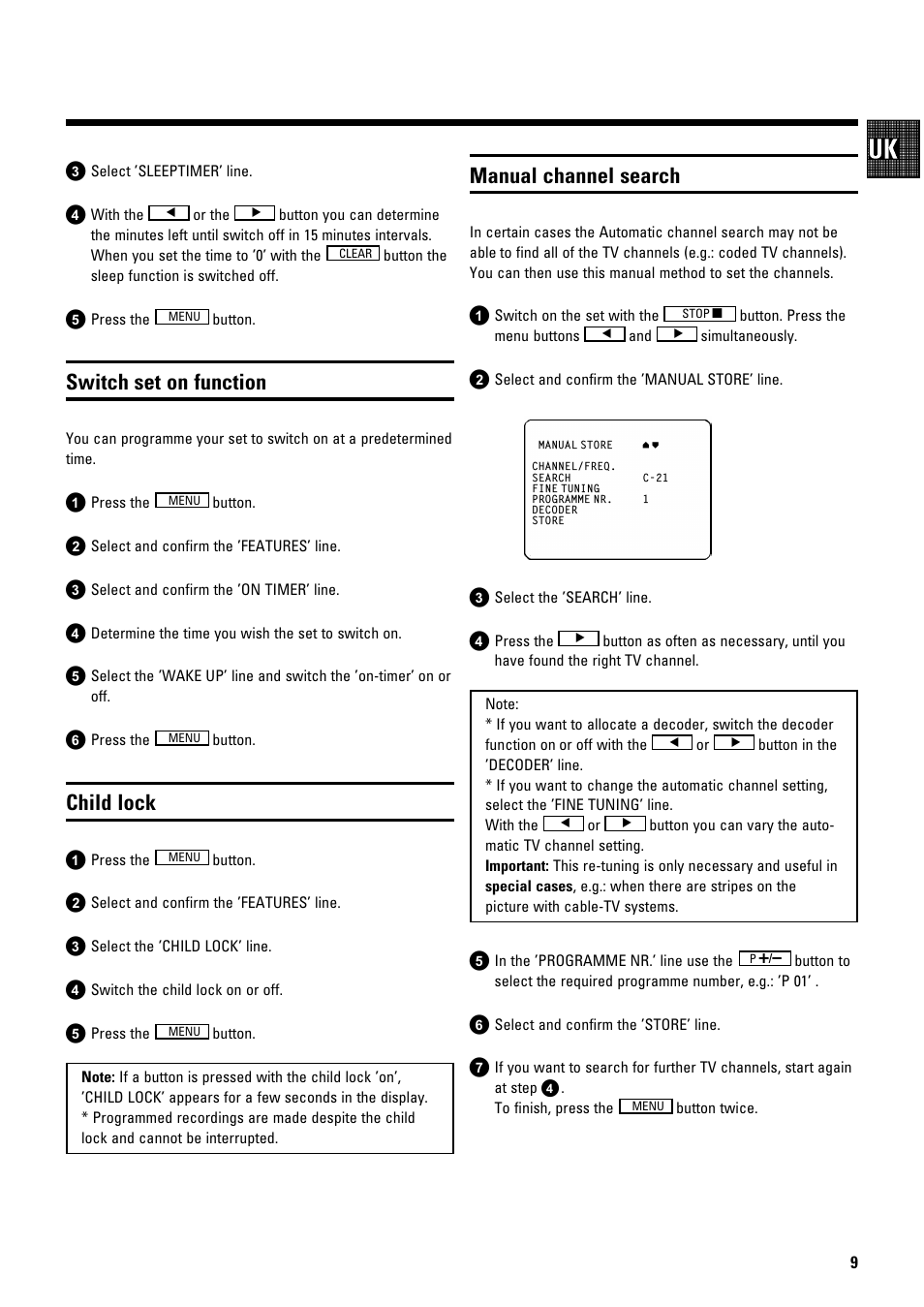 Switch set on function, Child lock, Manual channel search | Philips 14PV184/05 User Manual | Page 11 / 12