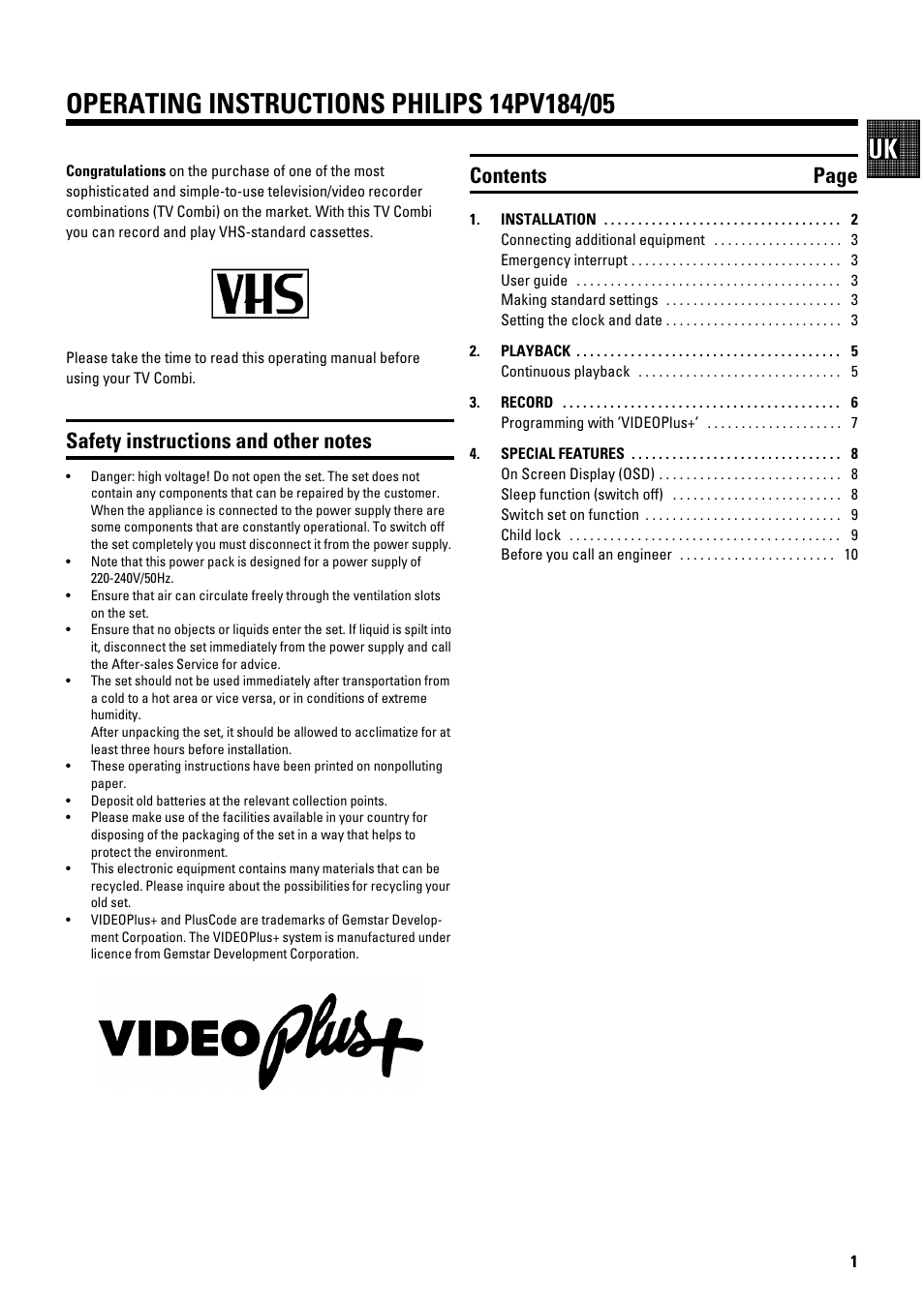 Contents page | Philips 14PV184/05 User Manual | Page 3 / 12