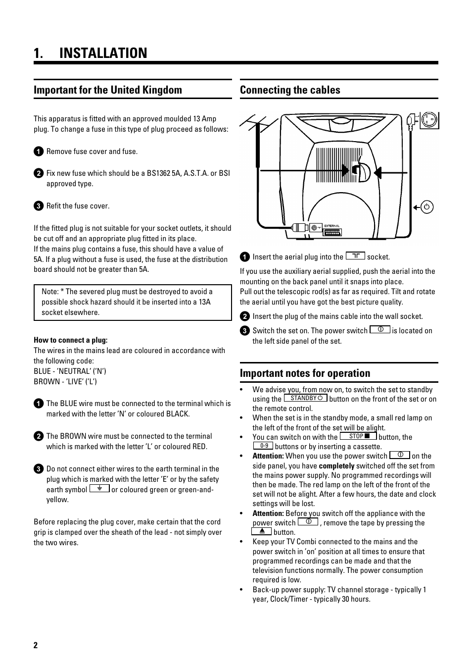 Installation, Important for the united kingdom, Connecting the cables | Philips 14PV184/05 User Manual | Page 4 / 12