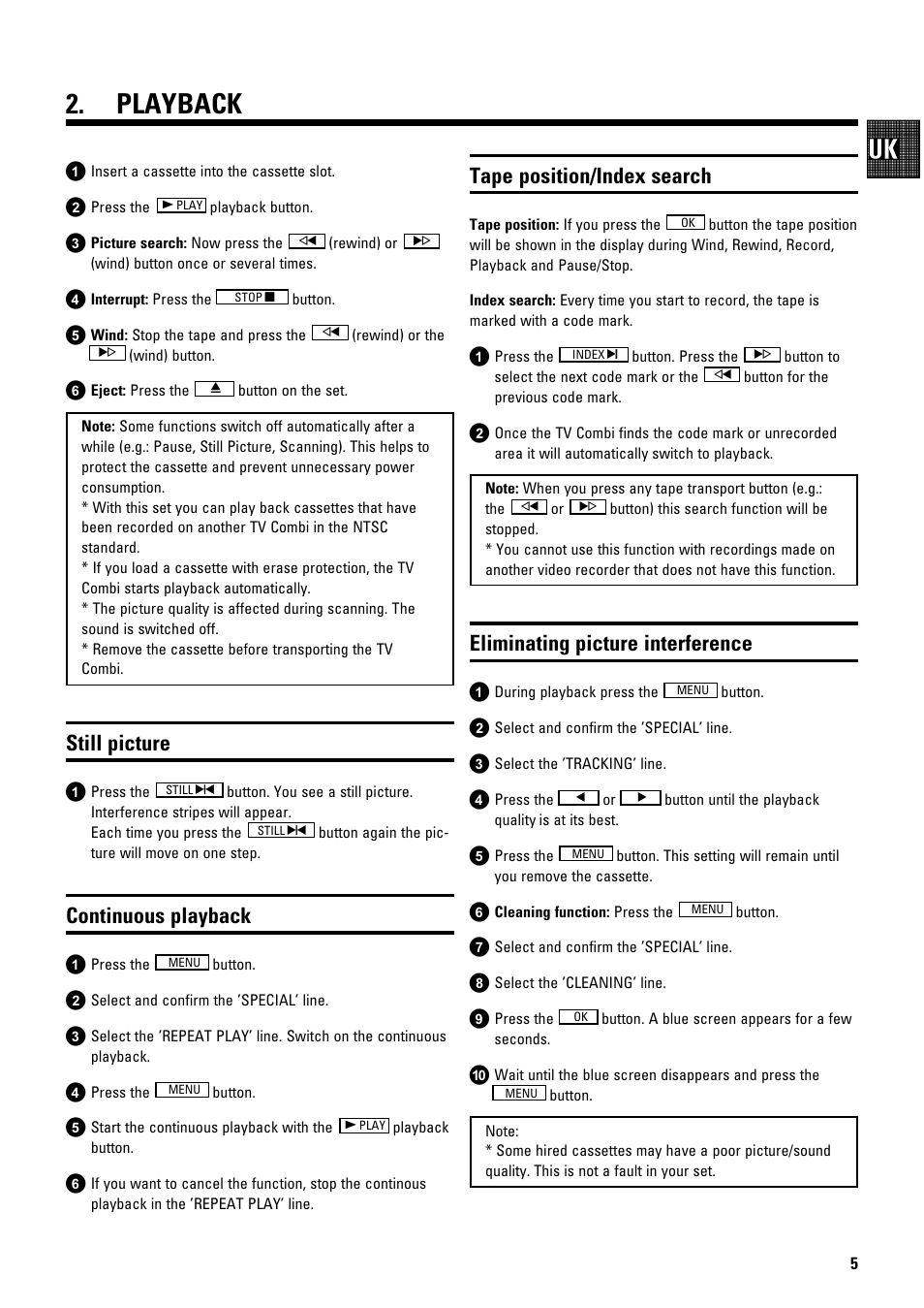 Playback, Still picture, Continuous playback | Tape position/index search, Eliminating picture interference | Philips 14PV184/05 User Manual | Page 7 / 12