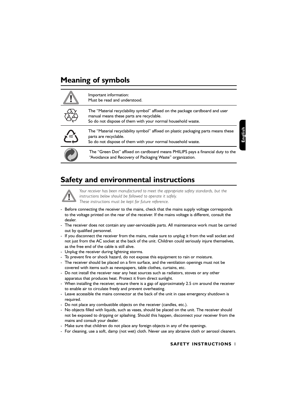 Meaning of symbols, Safety and environmental instructions | Philips DTR2610/28 User Manual | Page 2 / 23