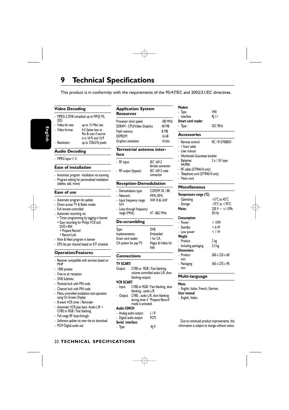 9 technical specifications | Philips DTR2610/28 User Manual | Page 23 / 23