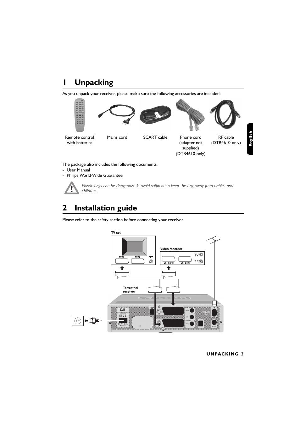 1 unpacking, 2 installation guide | Philips DTR2610/28 User Manual | Page 4 / 23