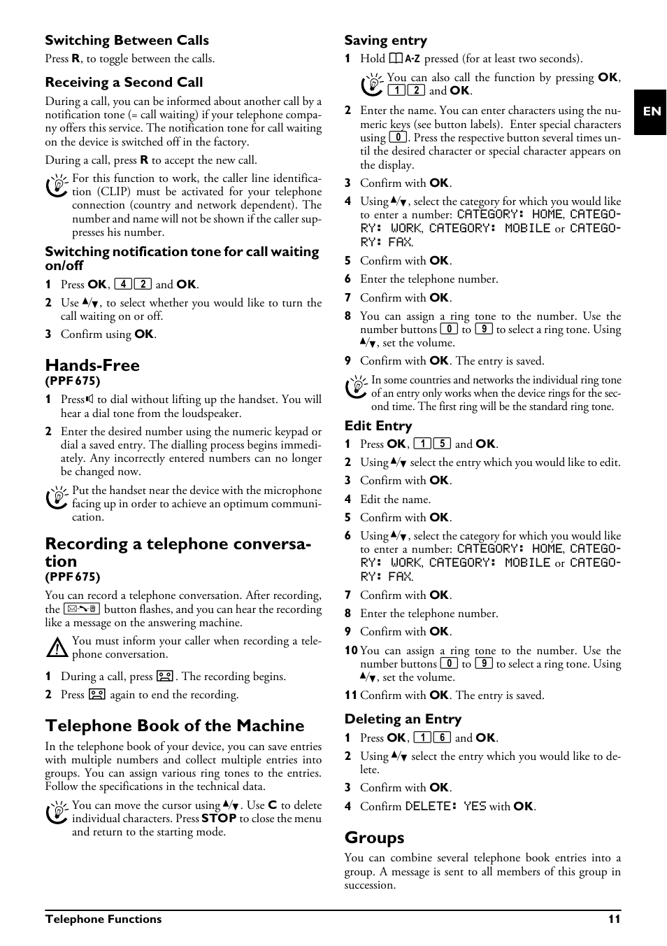 Switching between calls, Receiving a second call, Hands-free | Recording a telephone conversation, Telephone book of the machine, Saving entry, Edit entry, Deleting an entry, Groups, Recording a telephone conversa- tion | Philips MAGIC 5 ECO PPF 632 User Manual | Page 11 / 36