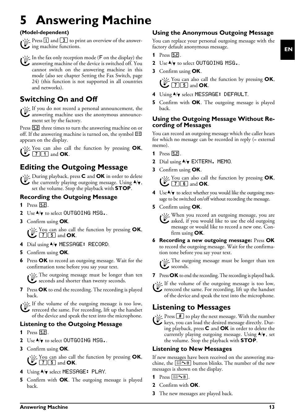 5 answering machine, Switching on and off, Editing the outgoing message | Recording the outgoing message, Listening to the outgoing message, Using the anonymous outgoing message, Listening to messages, Listening to new messages | Philips MAGIC 5 ECO PPF 632 User Manual | Page 13 / 36