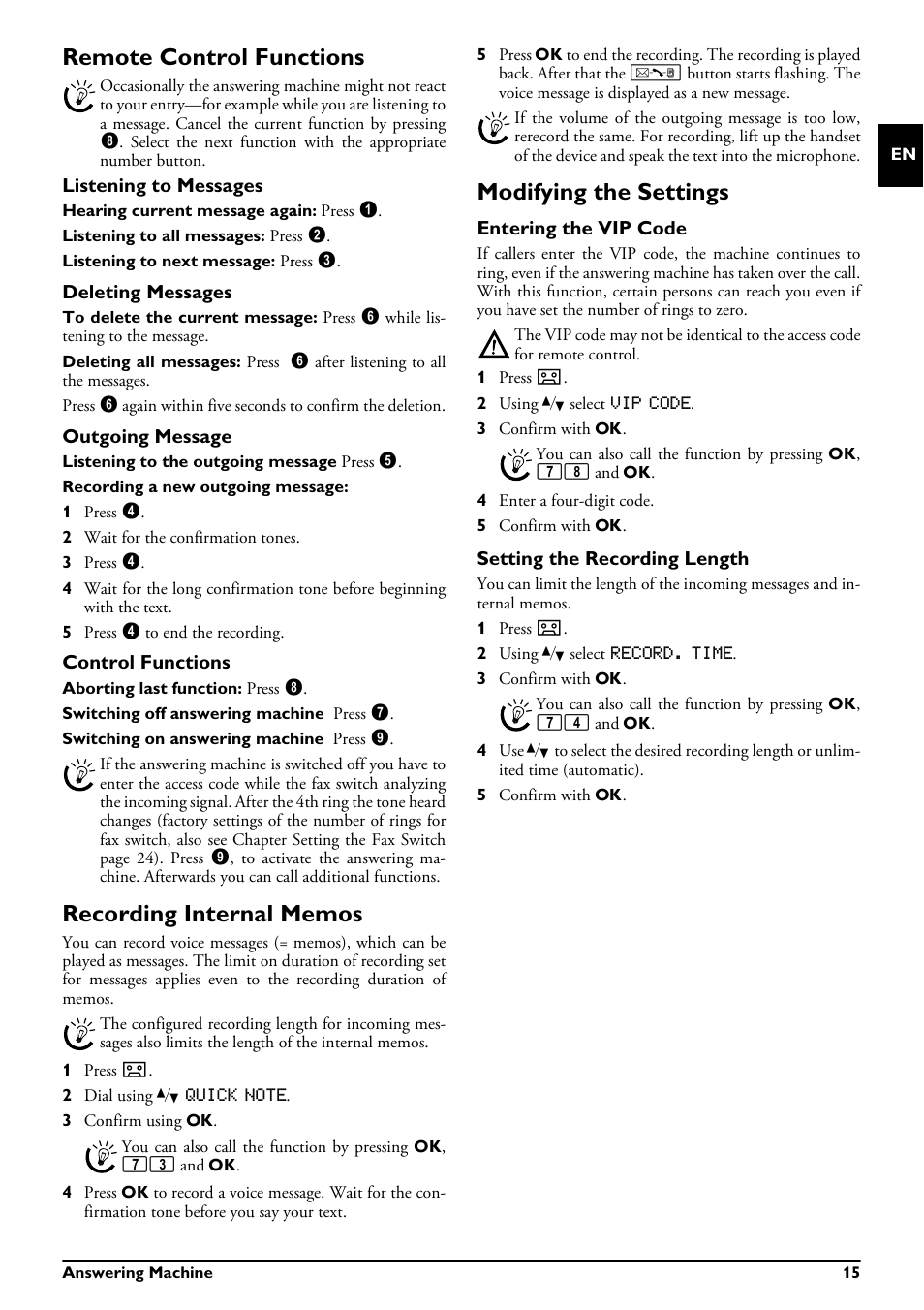 Remote control functions, Recording internal memos, Modifying the settings | Entering the vip code, Setting the recording length, Listening to messages, Deleting messages, Outgoing message, Control functions | Philips MAGIC 5 ECO PPF 632 User Manual | Page 15 / 36