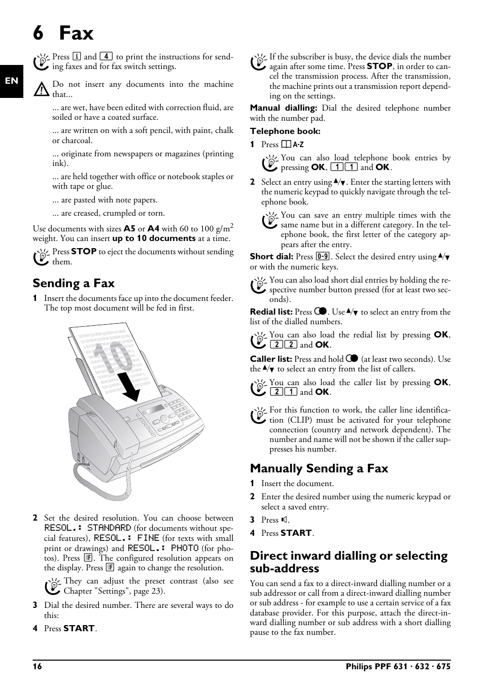 6 fax, Sending a fax, Manually sending a fax | Direct inward dialling or selecting sub-address | Philips MAGIC 5 ECO PPF 632 User Manual | Page 16 / 36