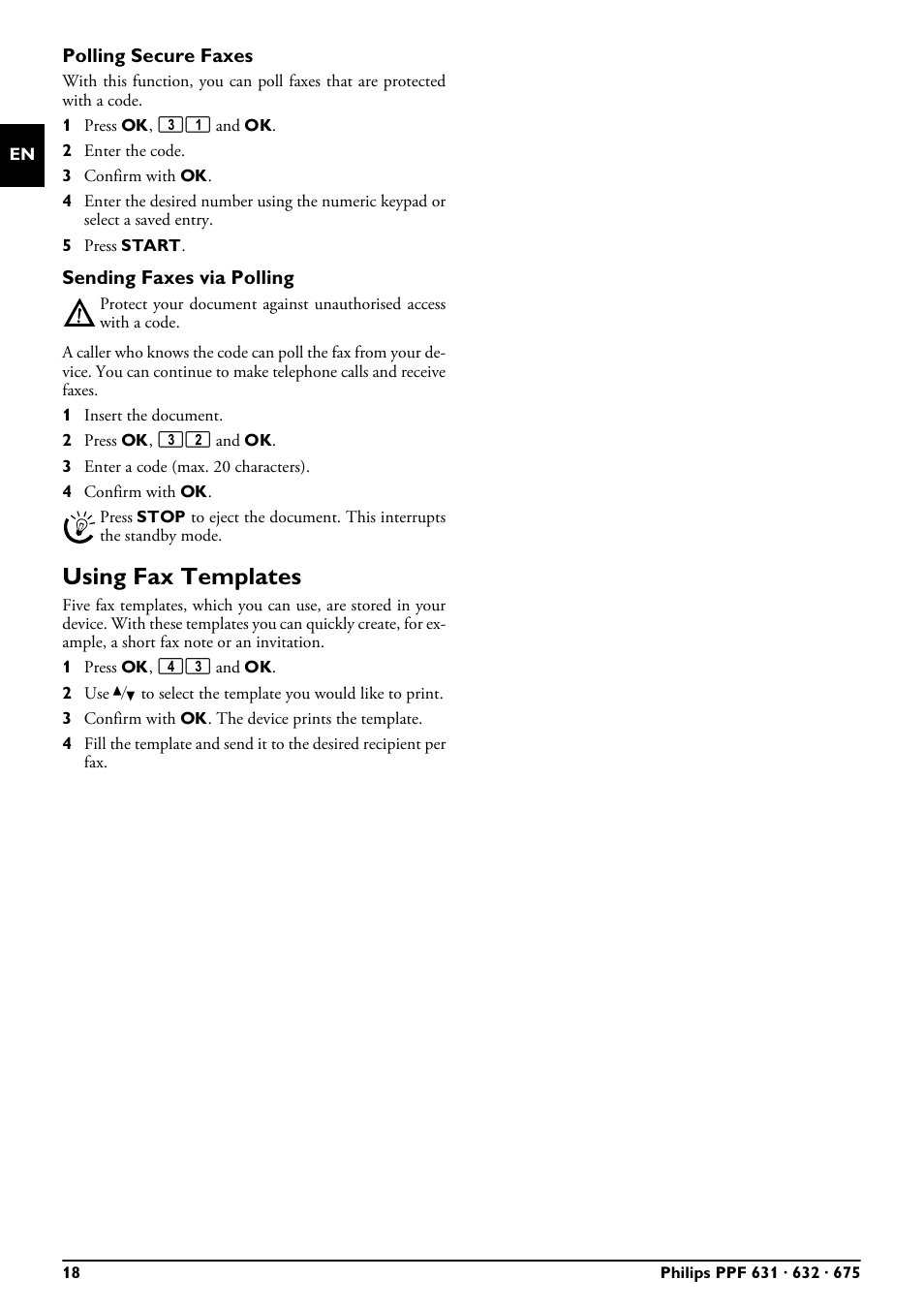 Polling secure faxes, Sending faxes via polling, Using fax templates | Philips MAGIC 5 ECO PPF 632 User Manual | Page 18 / 36