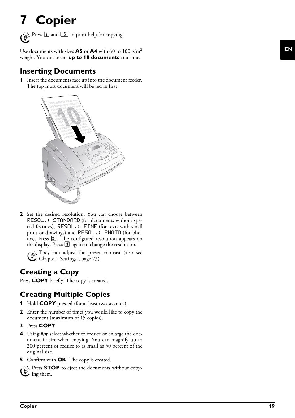 7 copier, Inserting documents, Creating a copy | Creating multiple copies | Philips MAGIC 5 ECO PPF 632 User Manual | Page 19 / 36