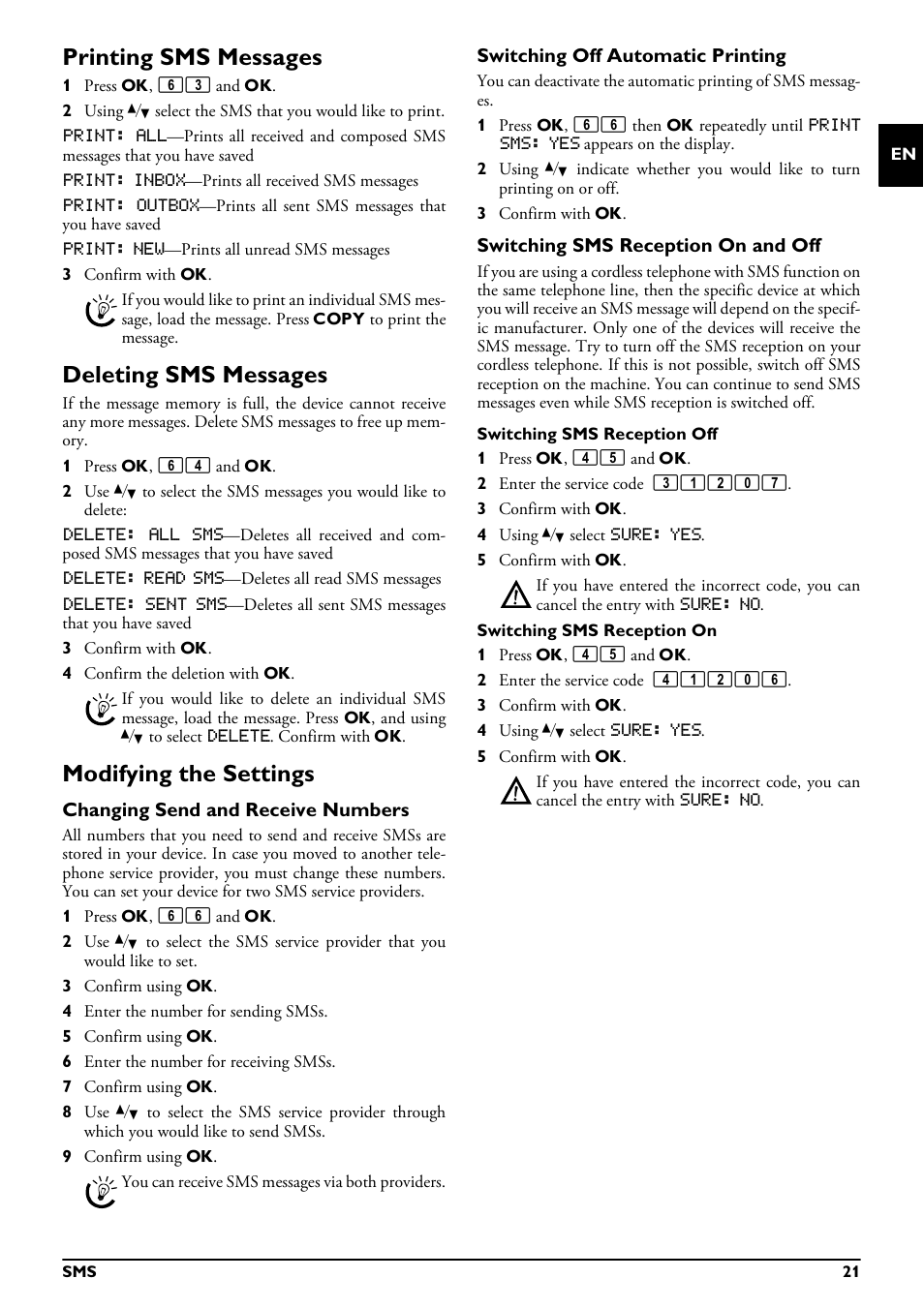 Printing sms messages, Deleting sms messages, Modifying the settings | Changing send and receive numbers, Switching off automatic printing, Switching sms reception on and off | Philips MAGIC 5 ECO PPF 632 User Manual | Page 21 / 36