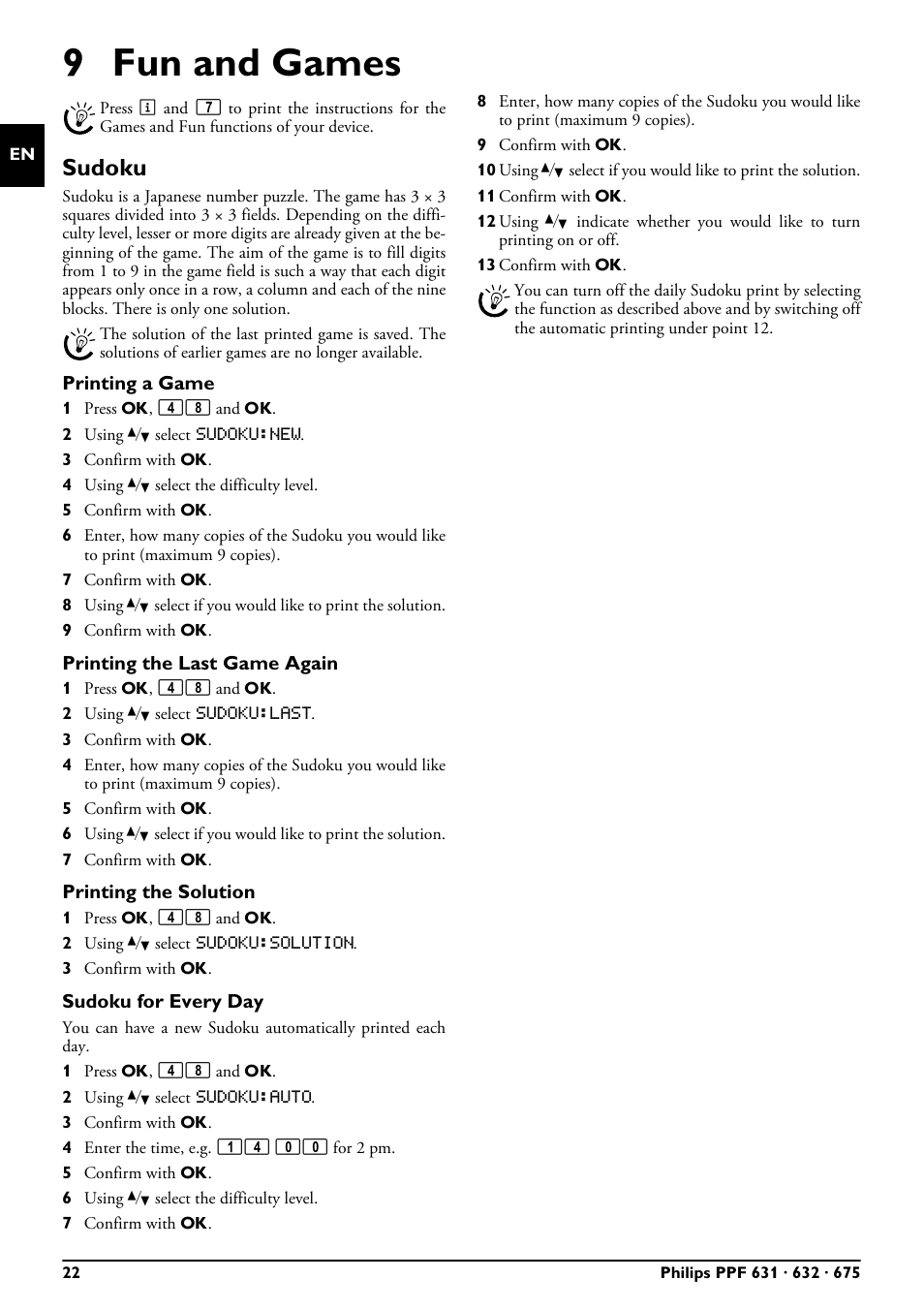 9 fun and games, Sudoku, Printing a game | Printing the last game again, Printing the solution, Sudoku for every day | Philips MAGIC 5 ECO PPF 632 User Manual | Page 22 / 36