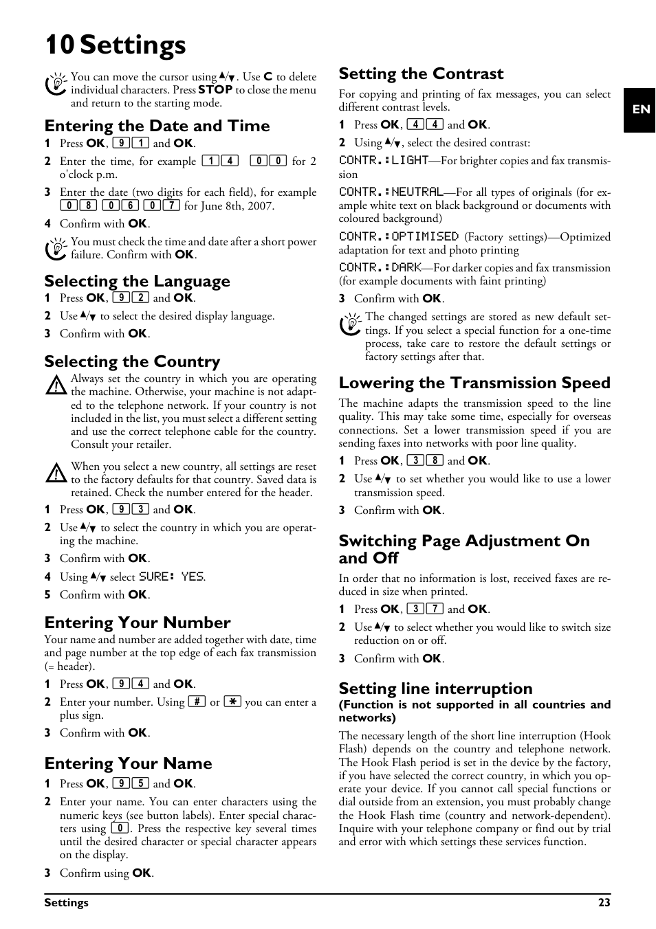 10 settings, Entering the date and time, Selecting the language | Selecting the country, Entering your number, Entering your name, Setting the contrast, Lowering the transmission speed, Setting line interruption, Switching page adjustment on and off | Philips MAGIC 5 ECO PPF 632 User Manual | Page 23 / 36