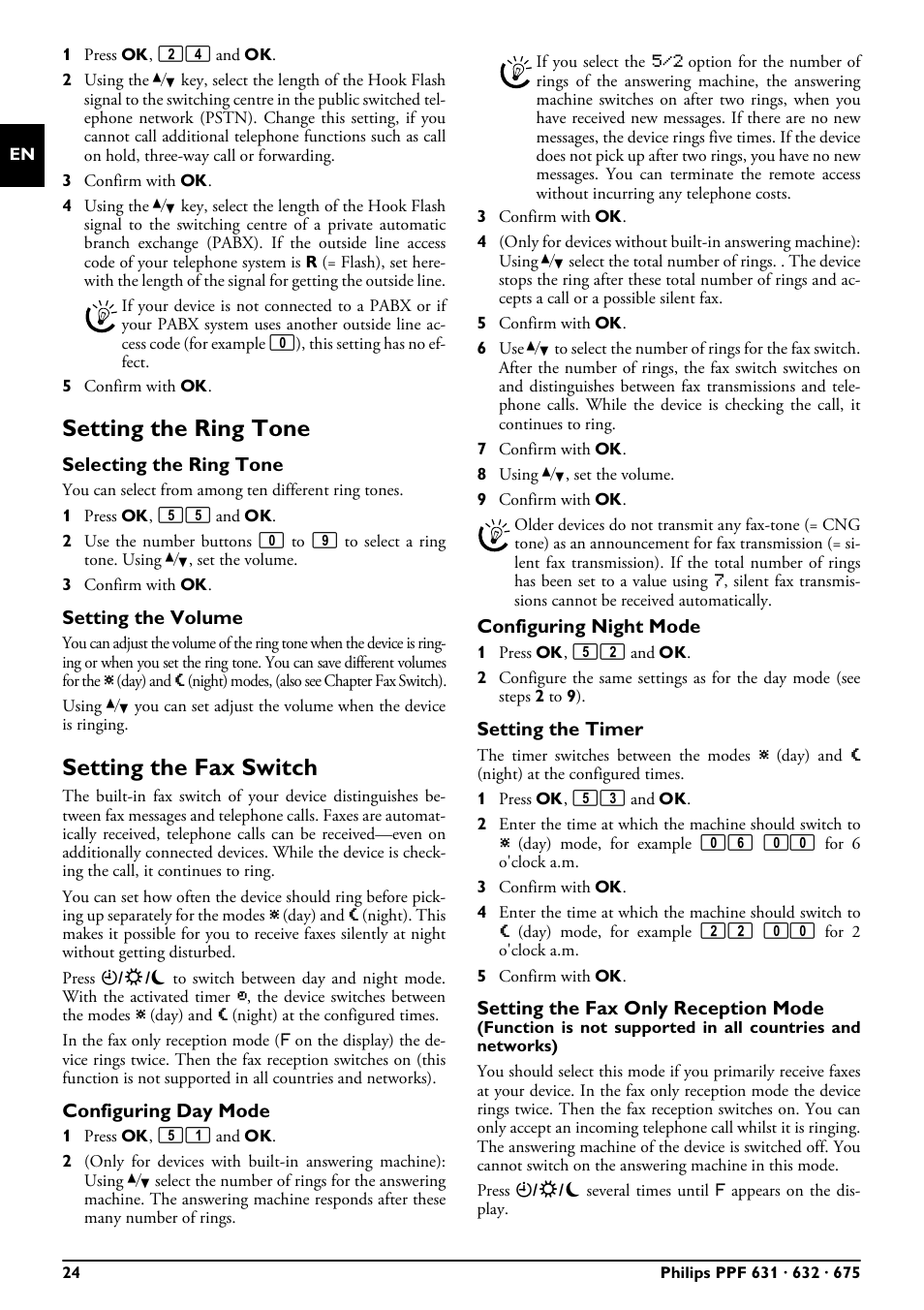 Setting the ring tone, Selecting the ring tone, Setting the volume | Setting the fax switch, Configuring day mode, Configuring night mode, Setting the timer, Setting the fax only reception mode, Setting the ring tone setting the fax switch | Philips MAGIC 5 ECO PPF 632 User Manual | Page 24 / 36