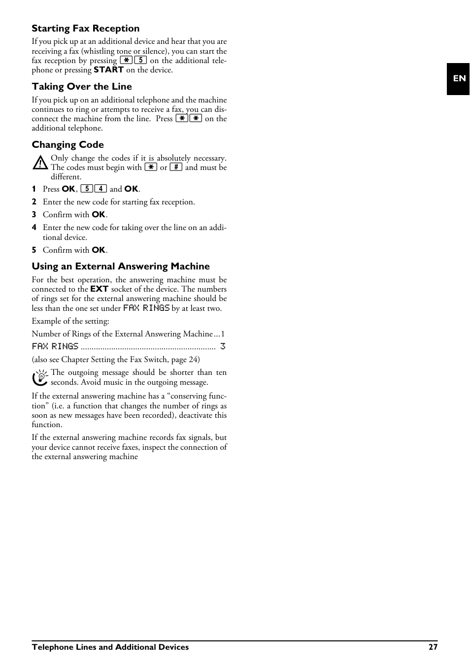 Starting fax reception, Taking over the line, Changing code | Using an external answering machine | Philips MAGIC 5 ECO PPF 632 User Manual | Page 27 / 36