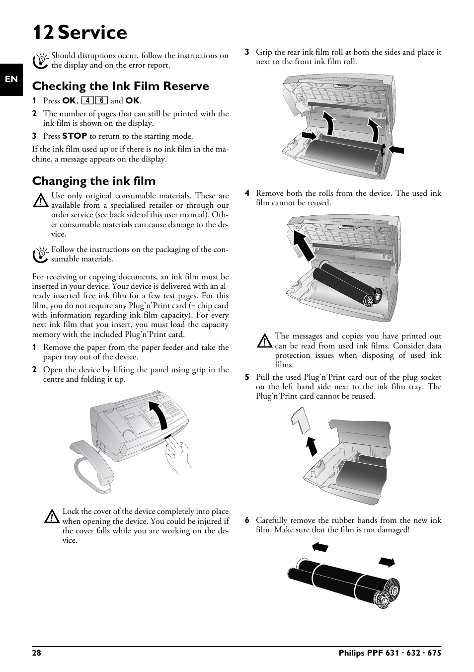 12 service, Checking the ink film reserve, Changing the ink film | Philips MAGIC 5 ECO PPF 632 User Manual | Page 28 / 36