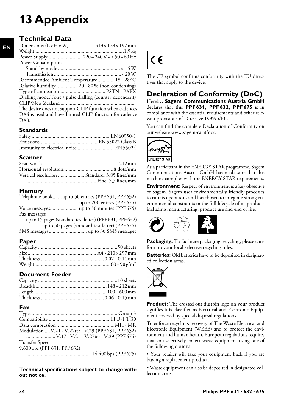 13 appendix, Technical data, Standards | Scanner, Memory, Paper, Document feeder, Declaration of conformity (doc), Technical data declaration of conformity (doc), Weight ,9¦kg | Philips MAGIC 5 ECO PPF 632 User Manual | Page 34 / 36