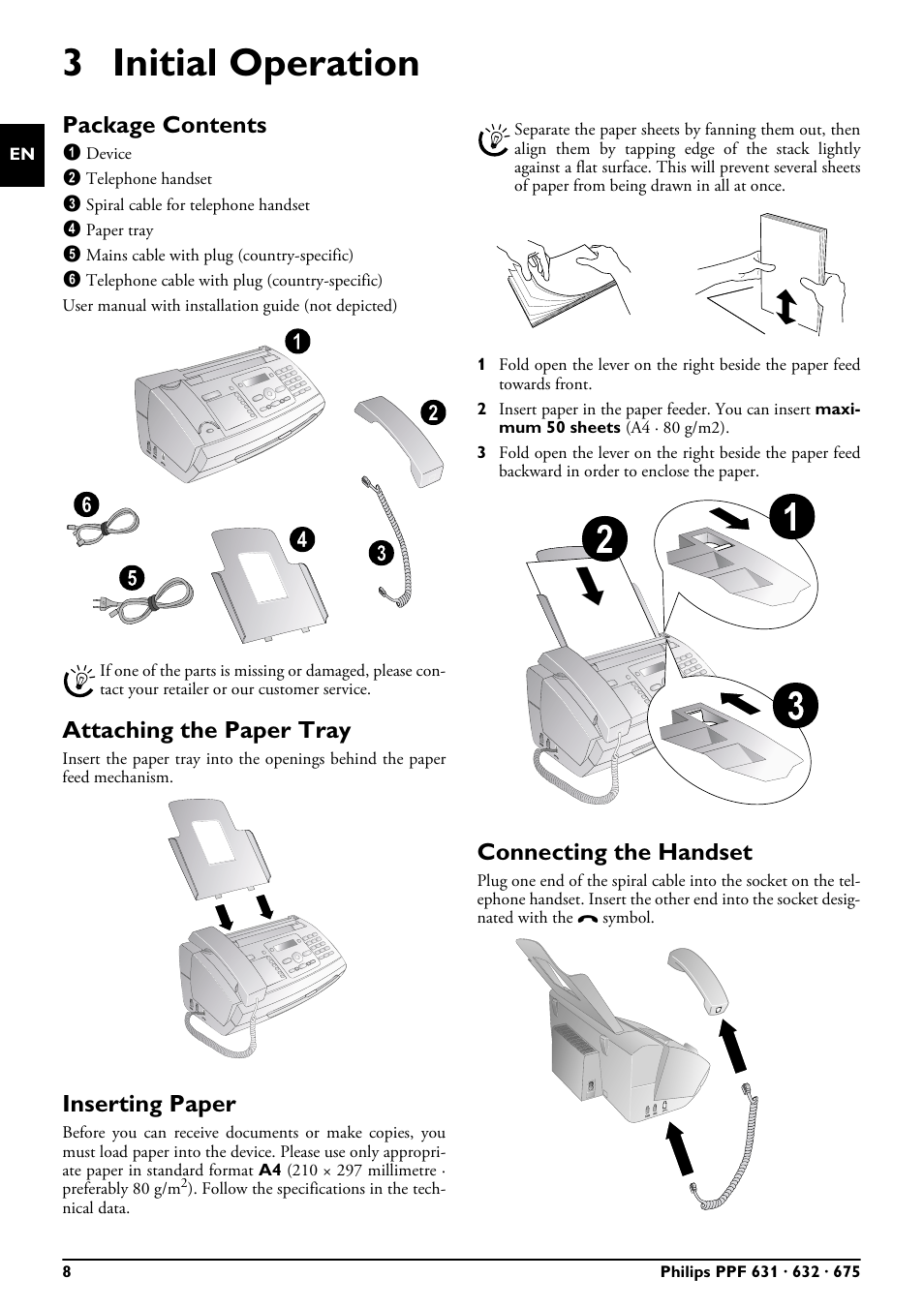 3 initial operation, Package contents, Attaching the paper tray | Inserting paper, Connecting the handset | Philips MAGIC 5 ECO PPF 632 User Manual | Page 8 / 36