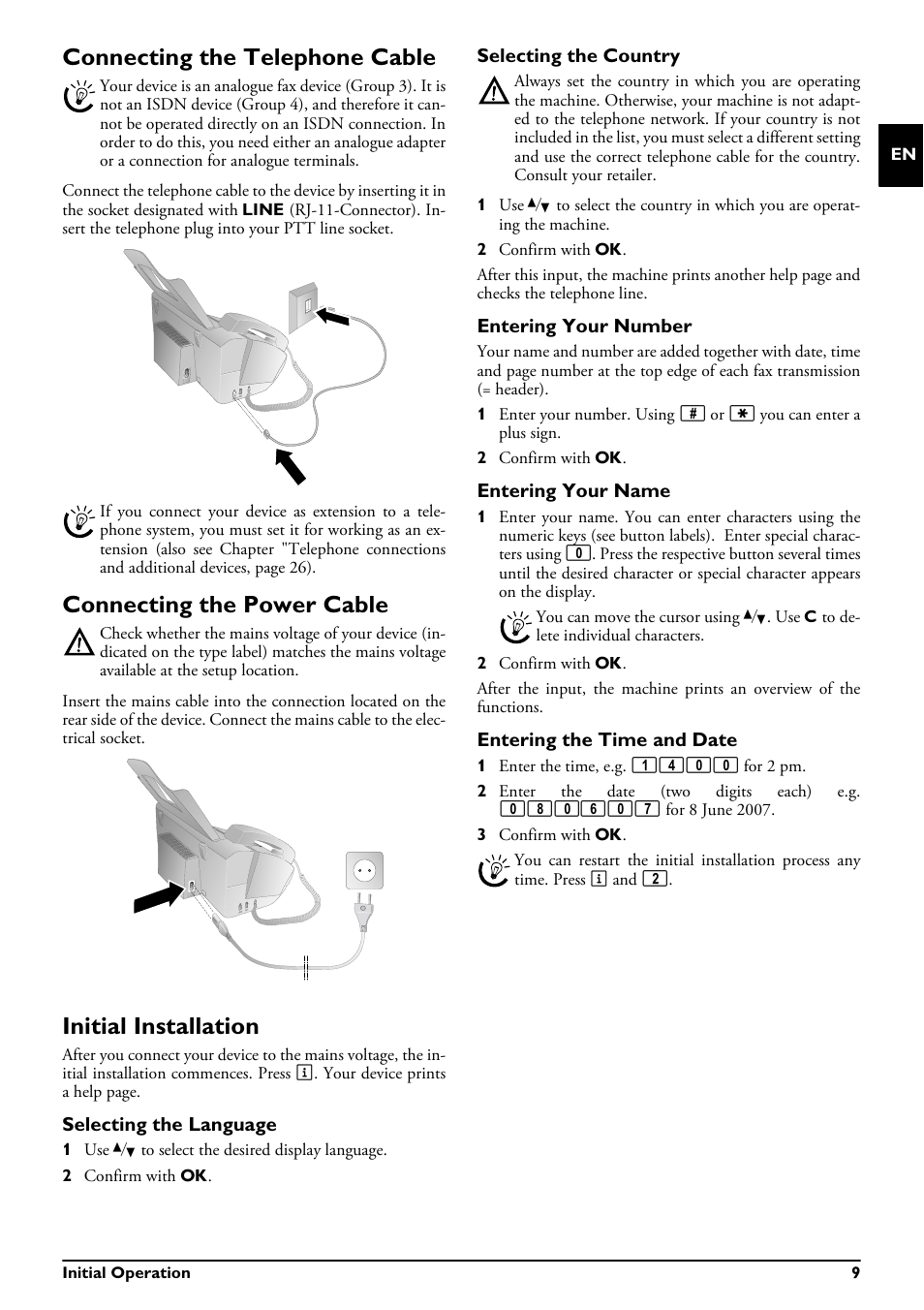 Connecting the telephone cable, Connecting the power cable, Initial installation | Selecting the language, Selecting the country, Entering your number, Entering your name, Entering the time and date | Philips MAGIC 5 ECO PPF 632 User Manual | Page 9 / 36