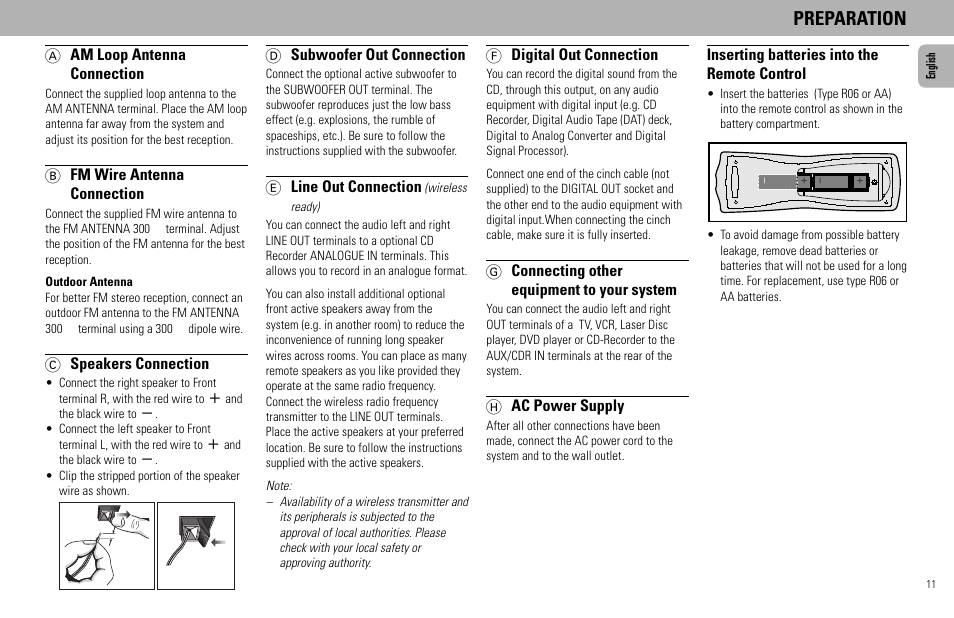 Preparation, A am loop antenna connection, B fm wire antenna connection | C speakers connection, D subwoofer out connection, E line out connection, Inserting batteries into the remote control, F digital out connection, G connecting other equipment to your system, H ac power supply | Philips FW555C User Manual | Page 11 / 27