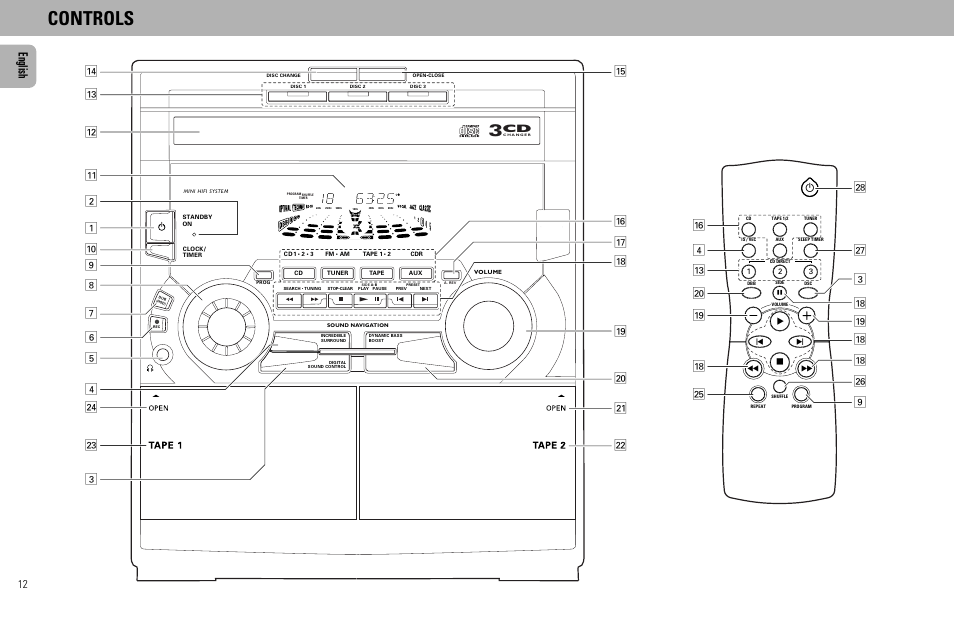 Controls, English | Philips FW555C User Manual | Page 12 / 27