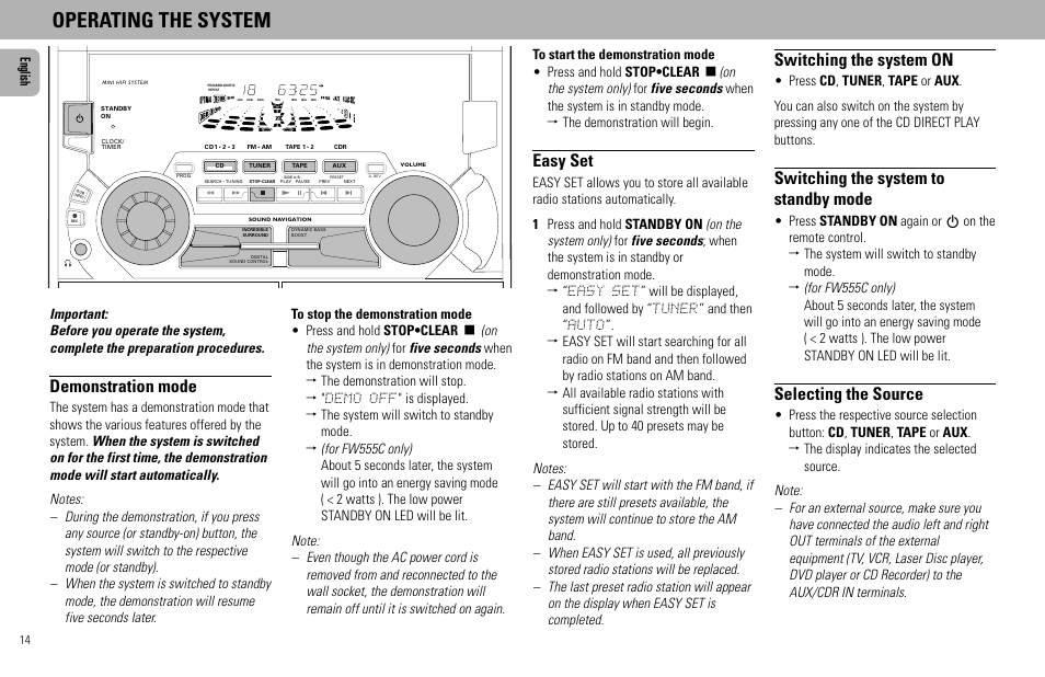 Operating the system, Easy set, Demonstration mode | Switching the system on, Switching the system to standby mode, Selecting the source | Philips FW555C User Manual | Page 14 / 27