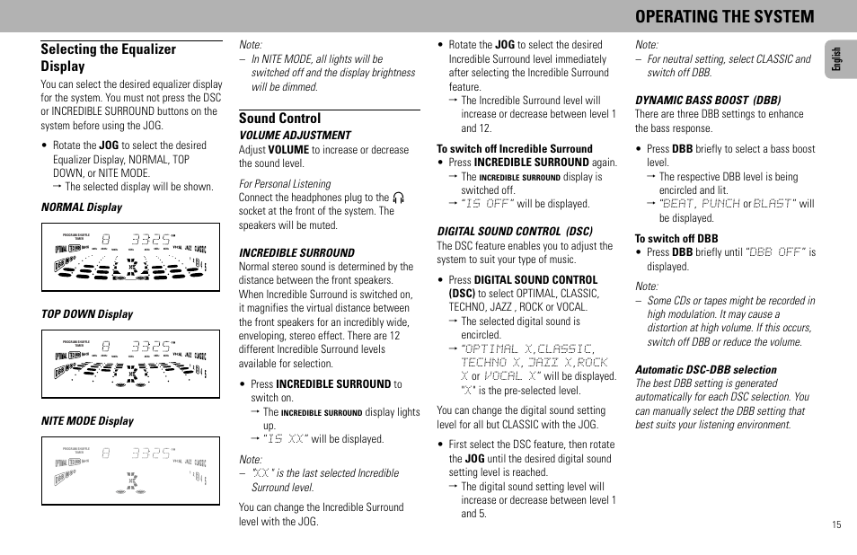 Operating the system, Selecting the equalizer display, Sound control | English, Top down display, Nite mode display | Philips FW555C User Manual | Page 15 / 27