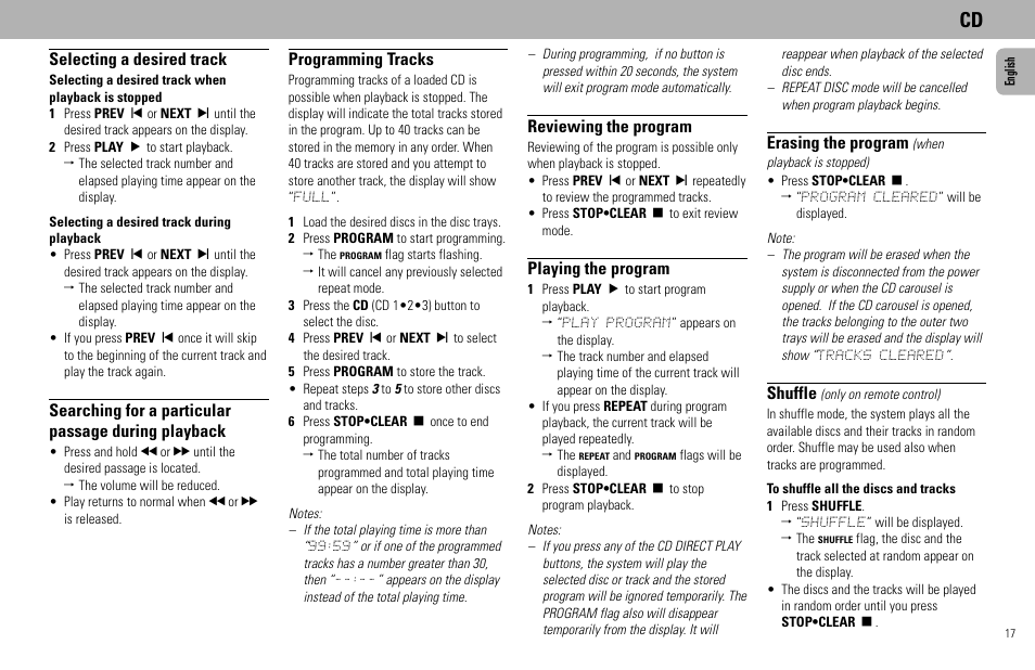 Selecting a desired track, Searching for a particular passage during playback, Programming tracks | Reviewing the program, Playing the program, Erasing the program, Shuffle | Philips FW555C User Manual | Page 17 / 27