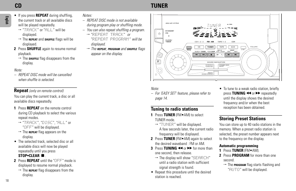 Cd tuner, Tuning to radio stations, Storing preset stations | Repeat, English, Flags appear on the display | Philips FW555C User Manual | Page 18 / 27