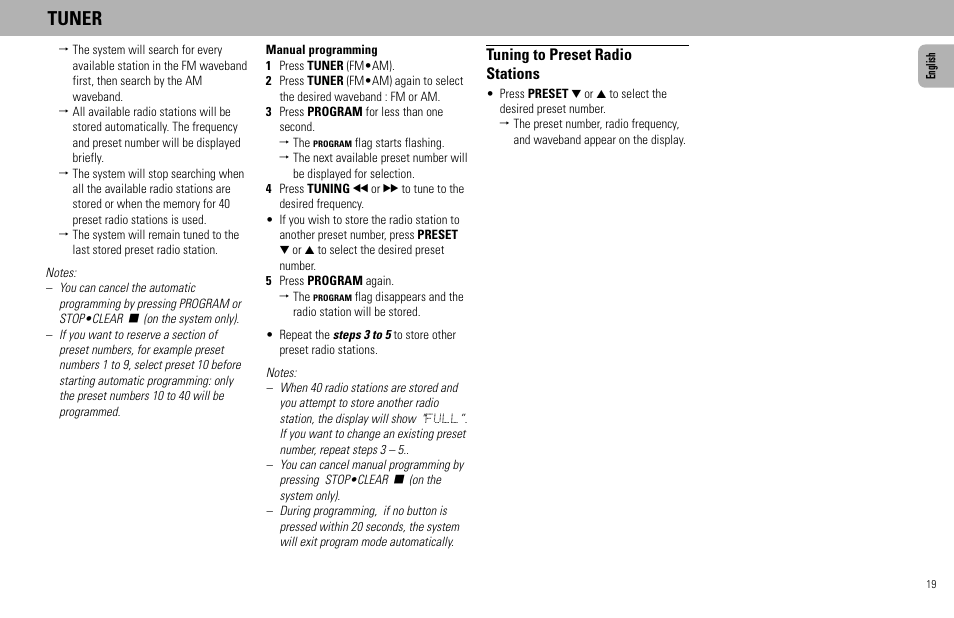 Tuner, Tuning to preset radio stations | Philips FW555C User Manual | Page 19 / 27