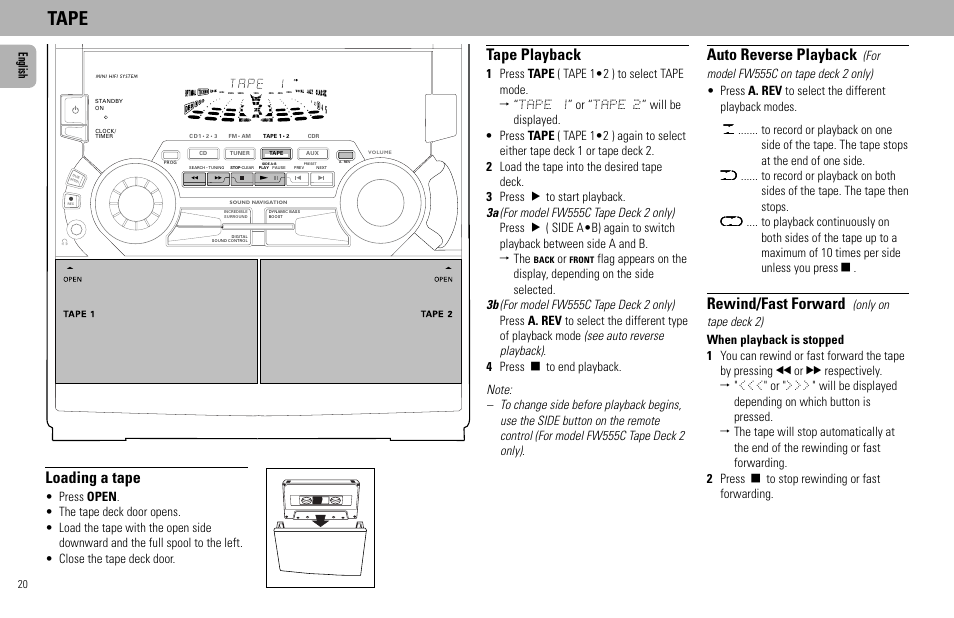 Tape, Loading a tape, Tape playback | Auto reverse playback, Rewind/fast forward, English | Philips FW555C User Manual | Page 20 / 27