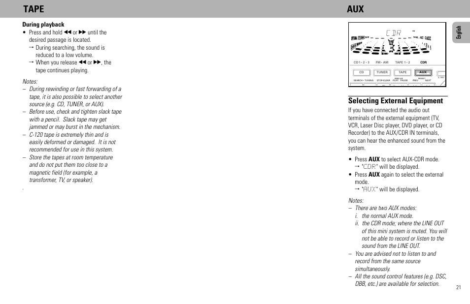 Tape aux, Selecting external equipment, English | Philips FW555C User Manual | Page 21 / 27