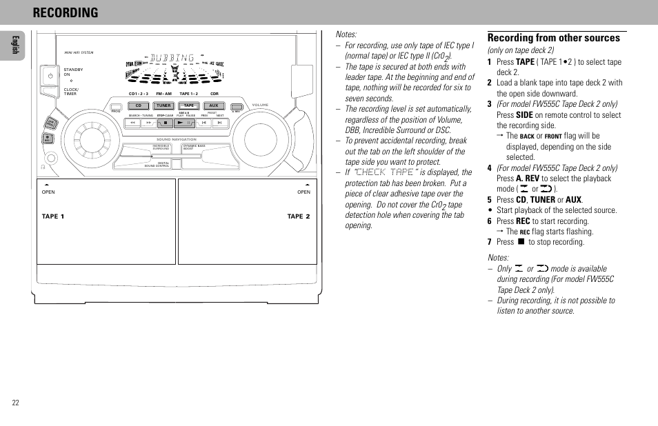 Recording, Recording from other sources, English | Philips FW555C User Manual | Page 22 / 27