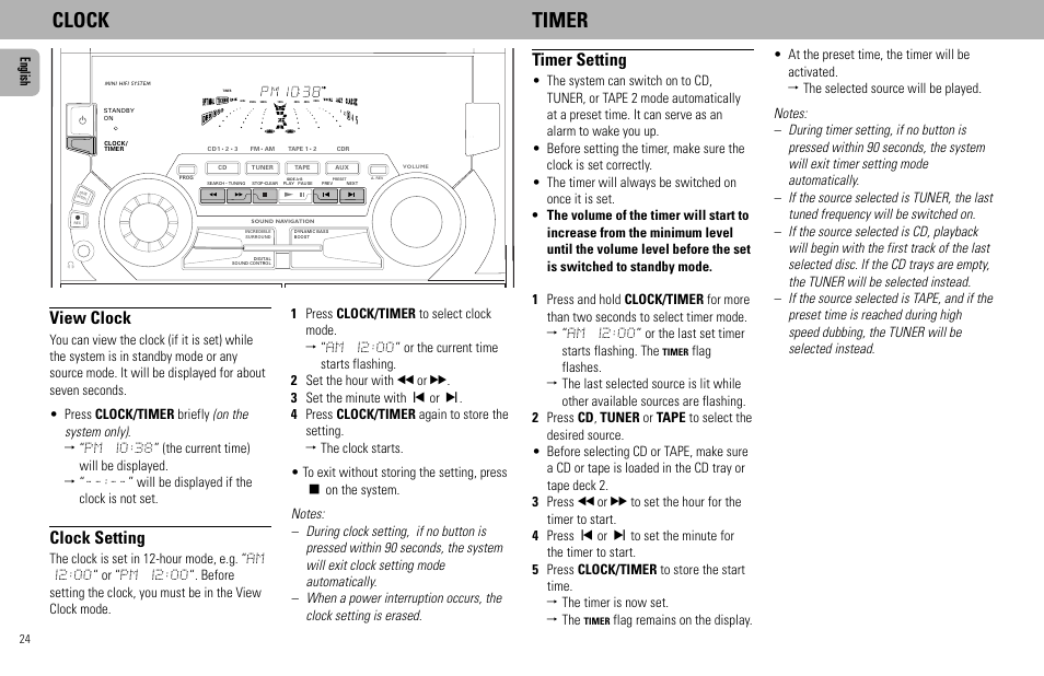 Clock timer, View clock, Clock setting | Timer setting, English | Philips FW555C User Manual | Page 24 / 27