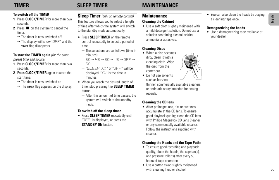 Timer sleep timer maintenance, Sleep timer, Maintenance | Philips FW555C User Manual | Page 25 / 27