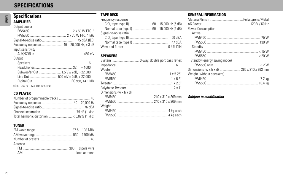 Specifications | Philips FW555C User Manual | Page 26 / 27