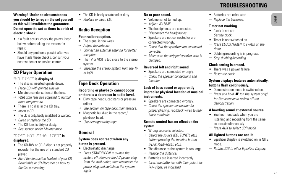 Troubleshooting, Cd player operation, Radio reception | Tape deck operation, General | Philips FW555C User Manual | Page 27 / 27