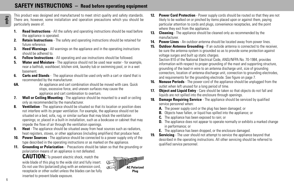 Safety instructions, Caution, Read before operating equipment | Philips FW555C User Manual | Page 6 / 27