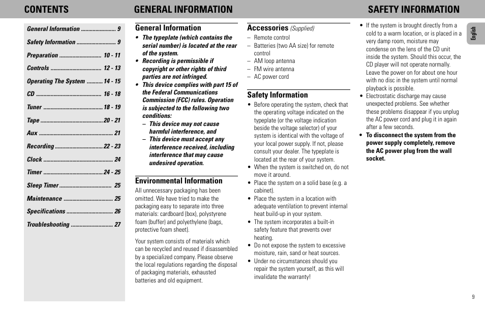 Contents general information safety information | Philips FW555C User Manual | Page 9 / 27