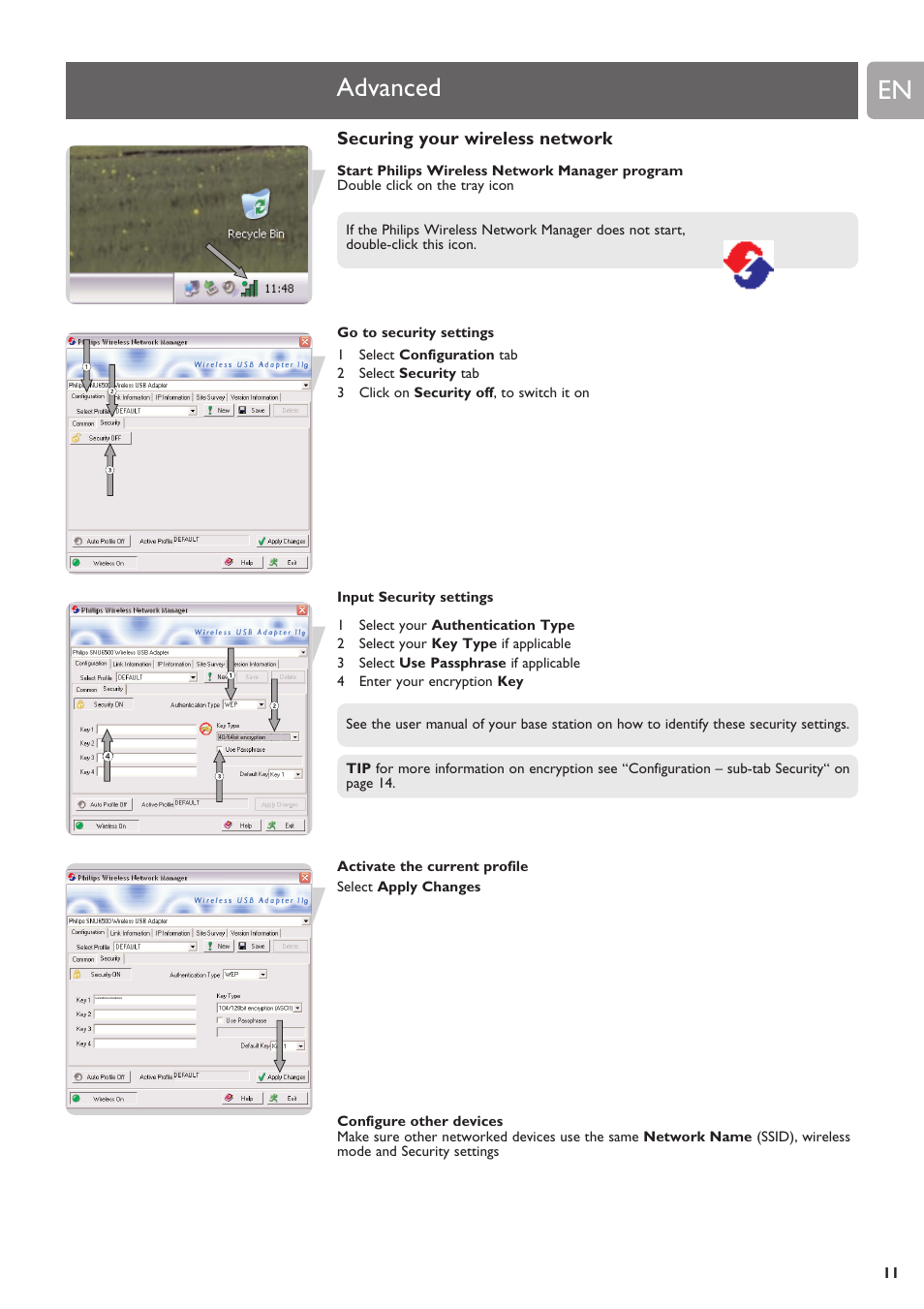 Advanced, Securing your wireless network | Philips SNU6500 User Manual | Page 11 / 25