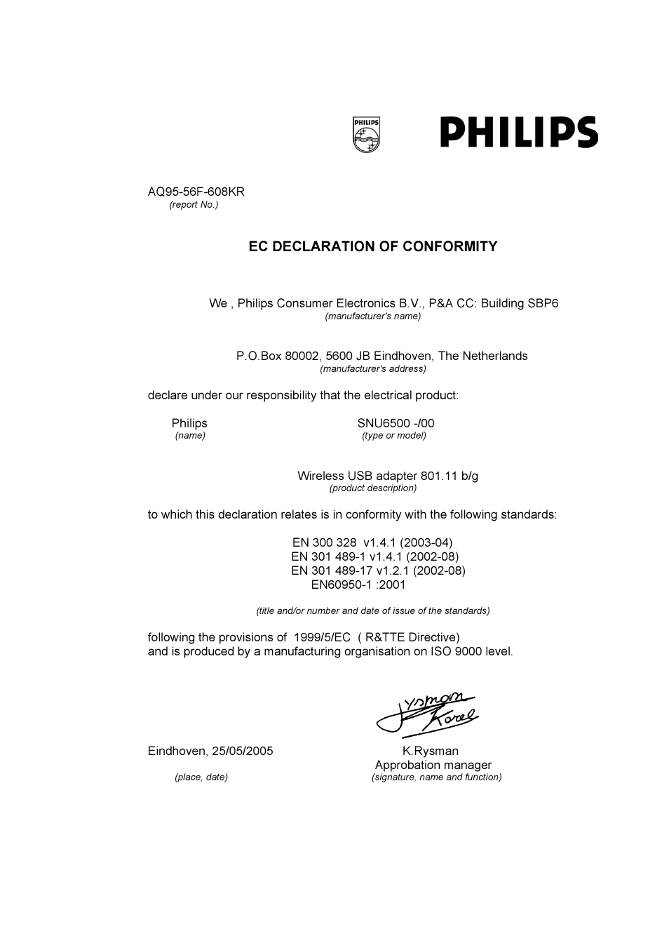 Ec declaration of conformity | Philips SNU6500 User Manual | Page 23 / 25