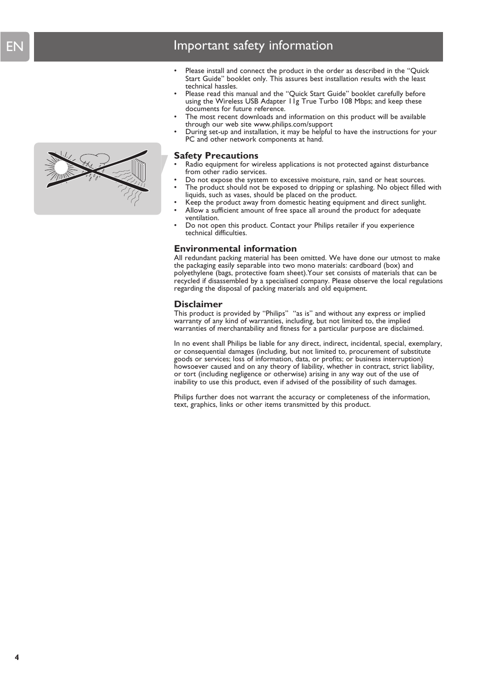 Important safety information, Safety precautions, Environmental information | Disclaimer | Philips SNU6500 User Manual | Page 4 / 25