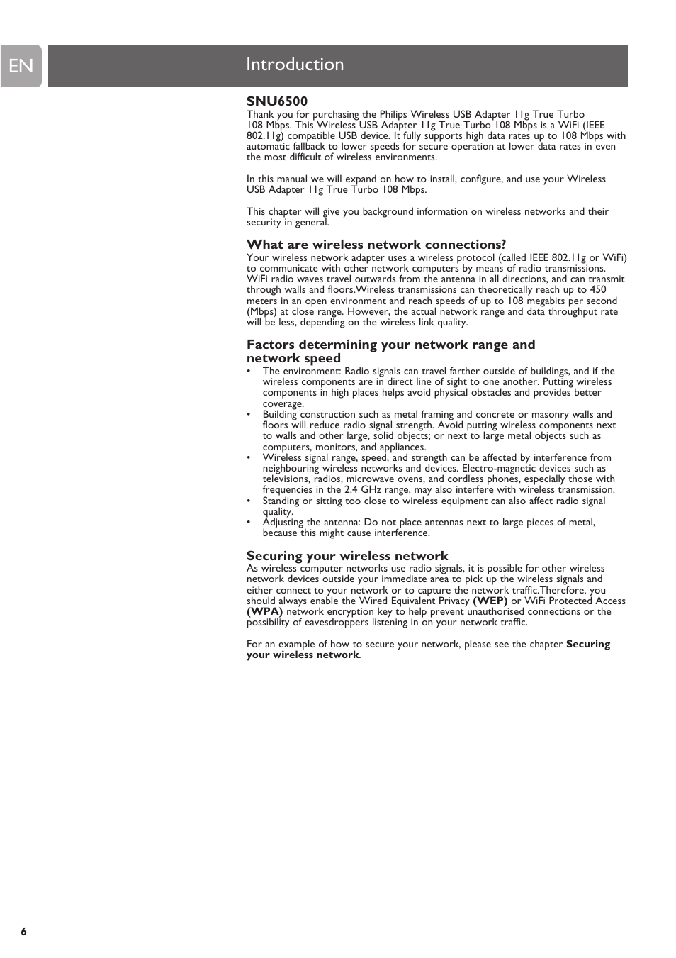 Introduction, What are wireless network connections, Factors determining your network range and | Securing your wireless network | Philips SNU6500 User Manual | Page 6 / 25