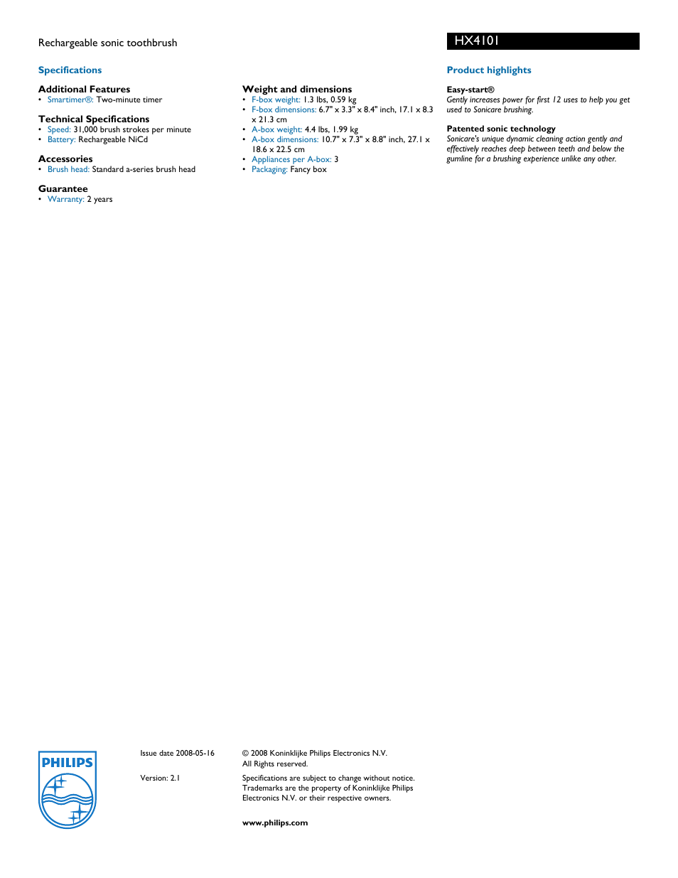 Hx4101 | Philips HX4101 User Manual | Page 2 / 2