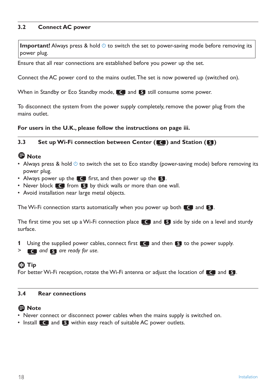 2 connect ac power, 3 set up wi-fi connection, 4 rear connections | Connect ac power, Set up wi-fi connection between center and station, Rear connections | Philips WAS7500 User Manual | Page 22 / 121