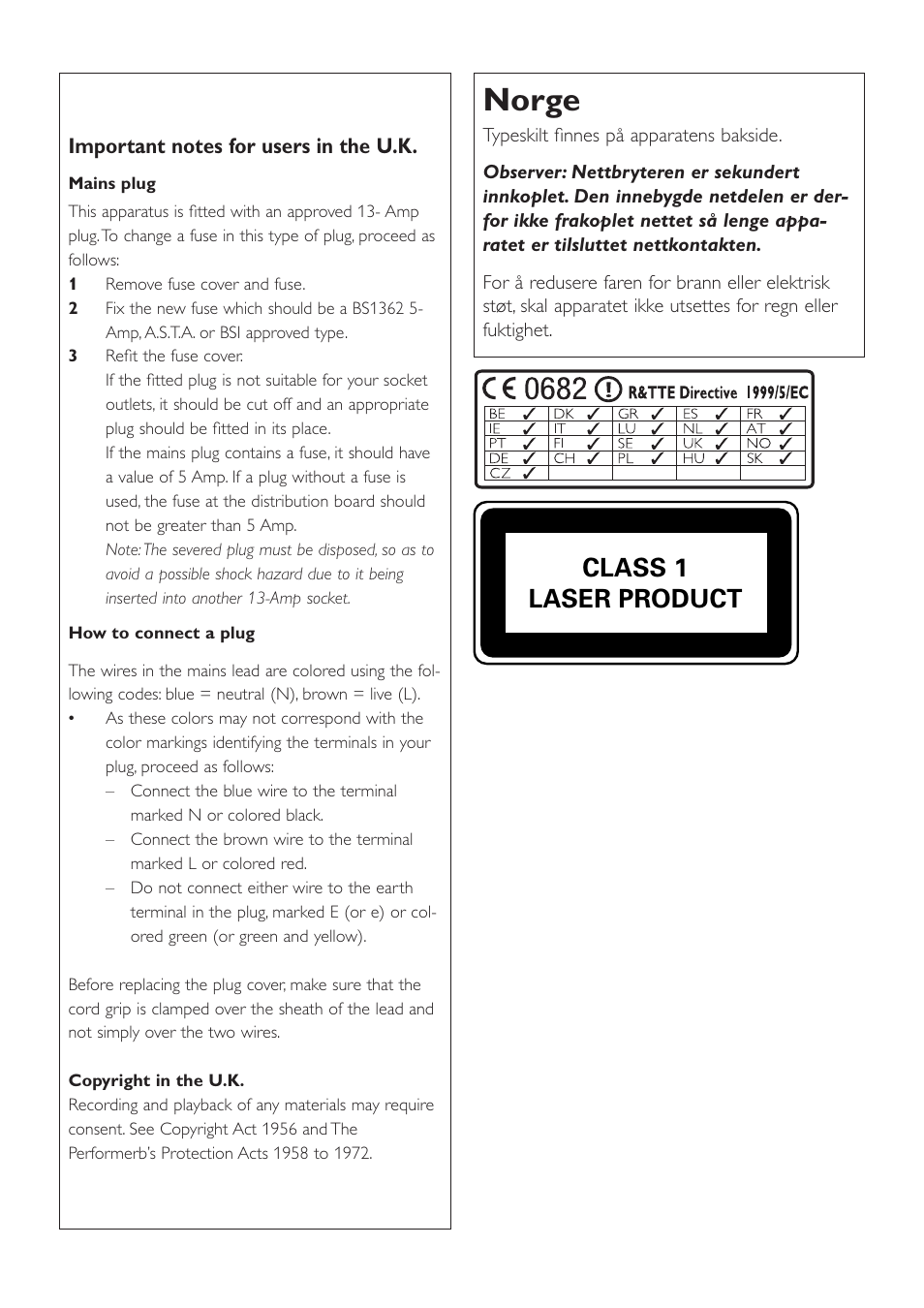Norge, Class 1 laser product | Philips WAS7500 User Manual | Page 4 / 121