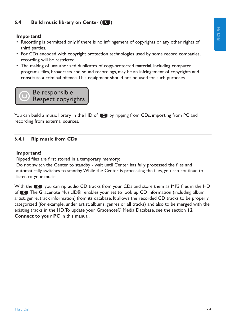 4 build music library on c, 1 rip music from cds, Build music library on center | Rip music from cds | Philips WAS7500 User Manual | Page 43 / 121