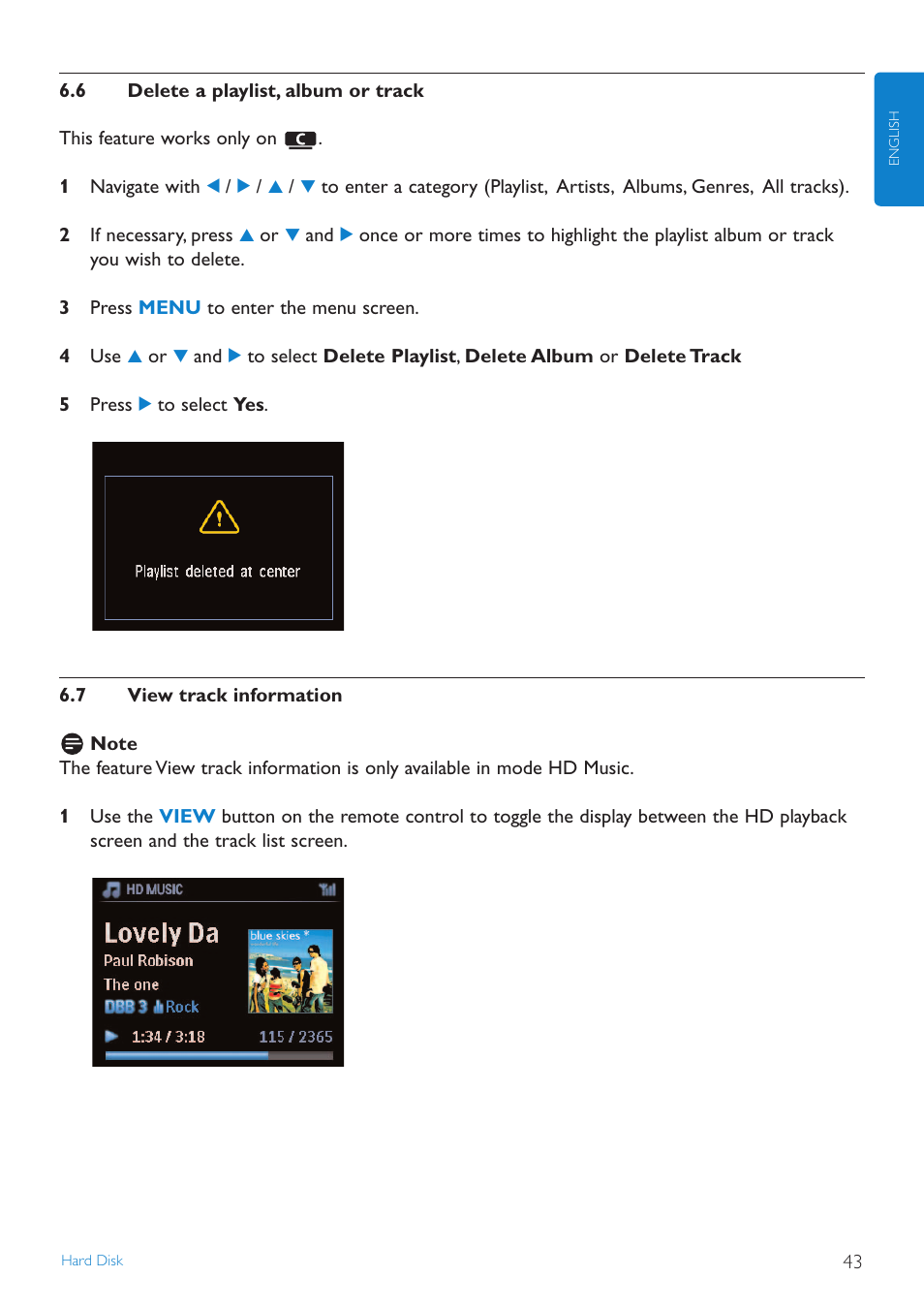 6 delete a playlist, album, 7 view track information, Delete a playlist, album or track | View track information | Philips WAS7500 User Manual | Page 47 / 121